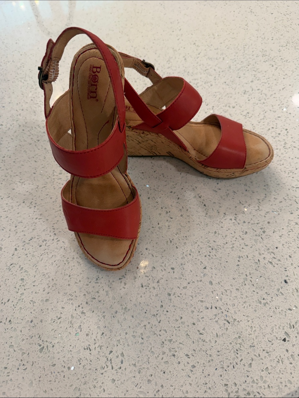 Born Red Leather Cork Wedge Sandals